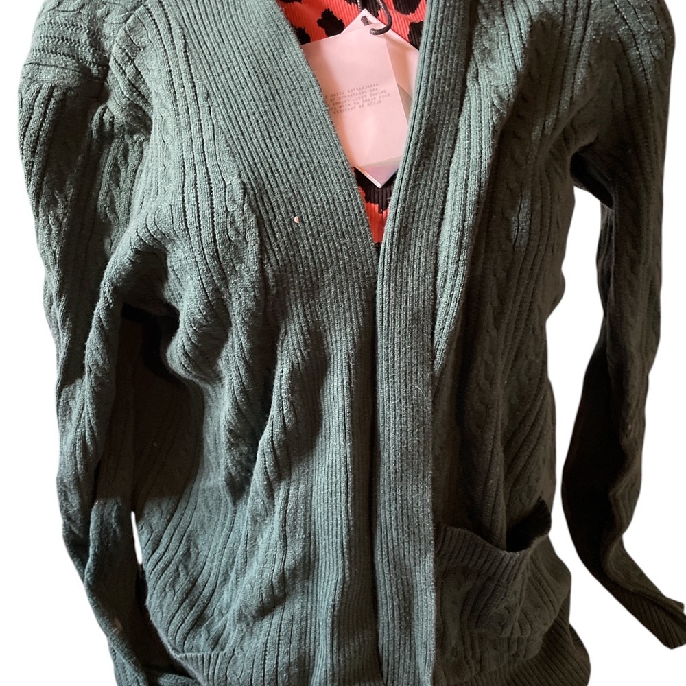 Women's Laura Scott Petite Green Thin Cable Knit Buttonless Cardigan Size PS